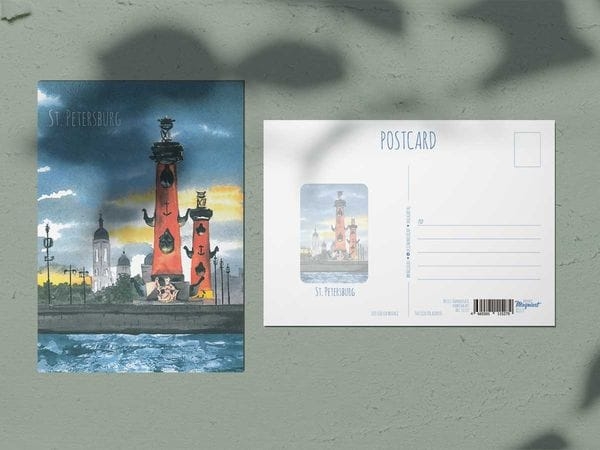 Почтовая открытка "Ростральные колонны", акварель