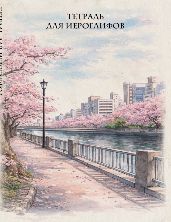 Тетрадь для иероглифов, сетка 9х9 мм. Сакура в городе